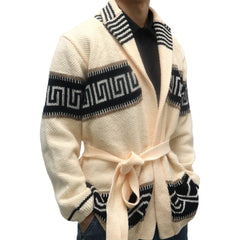 Threebooy Autumn Winter Men Thicken Jacquard Knitted Cardigan Coat Vintage Turndown Collar With Waistband Thick Needle Sweater Streetwear