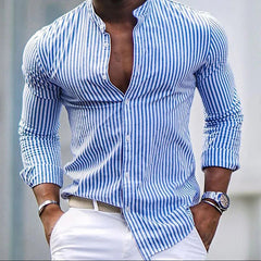 Threebooy Fashion Men's Striped Shirt Spring Autumn Long Sleeve Stand Neck Oversize Loose Tops Casual Youth Shirts Clothing For Mens