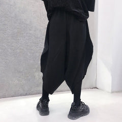 Threebooy Mens Dark Style Casual Irregular Cropped Pants New Genderless Trendy Personalized Solid Color Loose Wide Leg Pants Unisex