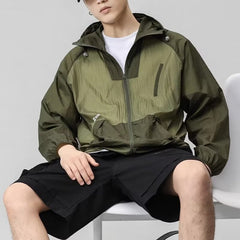 Threebooy Spring Summer Sunscreen Clothing Thin And Light Hooded Jacket Men Patchwork Ice Silk Coat Outdoor Fishing Mountain Travel Top