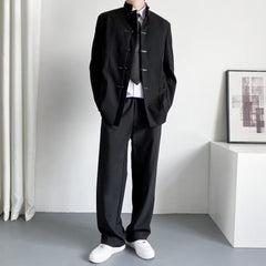 Threebooy Mens Chinese Style Stand Collar Cheongsam Button Suit Genderless Autumn Winter Fashion Trend Business Casual Retro Suit Unisex