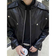 Threebooy American Vintage High Street Leather Jacket Men Long Sleeve Stand Collar Motorcycle Tops Spring Autumn Fashion Handsome PU Coat
