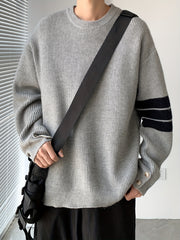 Threebooy Men's Casual Knit Sweater - Stylish Black & Gray, Crew Neck Pullover for Fall/Winter, Perfect for Work, Dates & Outdoor Activities