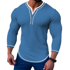 Threebooy waffle Henry Collar Button T shirts For Men Patchwork Long Sleeve Tops Sweatshirt Spring Autumn Fashion Casual Tee Streetwear