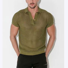 Threebooy Summer Mens Hollow Out Knit Polo Shirts Sexy See Through Short Sleeve V-lapel Tops Fashion Mesh Loose Casual T-shirt Streetwear
