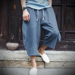 Threebooy Oversized Wide-leg Cotton Linen Calf-Length Pants Mens Summer Drawstring Loose Beach Shorts Casual Harlan Trousers Fat Plus Szie