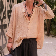 Threebooy Vintage Men's Shirt Cotton Linen Pleated Loose Long Sleeve Men Shirts Summer Harajuku Male Fashion Shirt Streetwear