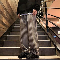 Threebooy American Vintage Vertical Stripes Woolen Casual Pants For Men Spring Autumn Fashion Straight Wide Leg Trousers Streetwear Male