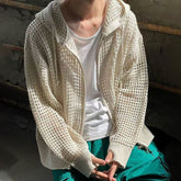 Threebooy Hollow Out Knitted Hoodie Mens Jacket Loose Hooded Cardigan Spring Autumn Fashion Casual Knit Zip-Up Sweater Tops Streetwear