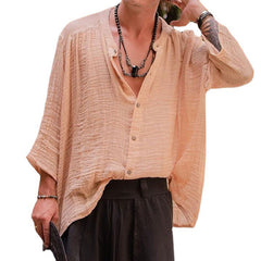 Threebooy Vintage Men's Shirt Cotton Linen Pleated Loose Long Sleeve Men Shirts Summer Harajuku Male Fashion Shirt Streetwear