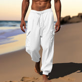 Threebooy Multi Pocket Cotton Linen Pants For Men Lace-up Drawstring Foot Binding Long Trousers Spring Summer Sport Casual Cargo Pant