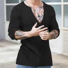 Threebooy Spring Autumn Men Knit Cotton T Shirt Long Sleeve V-neck Loose Casual Pullover Fashion Solid Thin Knited Tops Streetwear Male
