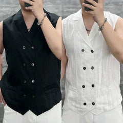 Threebooy Summer Thin Men's Tank Top Sleeveless Shirts Fashion double-breasted Button Turndown Collar Cardigan Leisure Breathable Vest