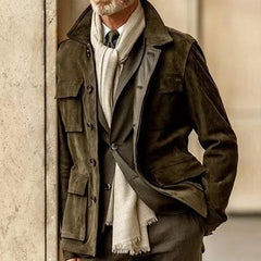 Threebooy Cowhide Suede Jacket For Men Autumn Winter Turndown Collar Multi-pocket Windbreaker American Vintage Casual Coat Streetwear