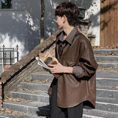 Threebooy Korean Retro Leather Coat For Men Advanced Vintage Brown Leather Shirt Top Spring Autumn Trendy Long Sleeve PU Jacket Streetwear