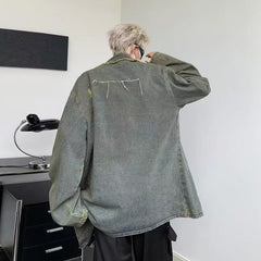 Threebooy American Vintage Denim Coat Men Women Distressed Broken Hole Tassel Tailored Collar Jeans Wear Spring Autumn Loose Long Jacket