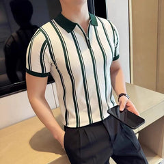Threebooy British Style Luxury Knit Polo Shirt Men Striped Short /Long Sleeve Half Zipper Top Business Casual High Quality Tee Streetwear
