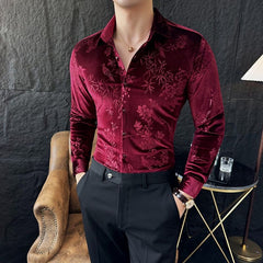 Threebooy Korean Style Elastic Velvet Shirt For Men Spring Autumn Long Sleeve Slim Fit Tops Fashion Vintage Shirts Barber Nightclub