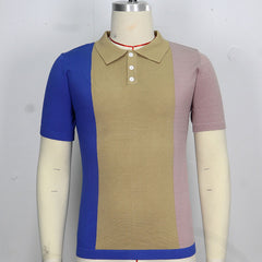 Threebooy 2025 Summer New Mens contrast color Polo Shirts Knitwear Fashion Patchwork Knit Tops Short Sleeve Button Lapel Polo Tee Tshirt
