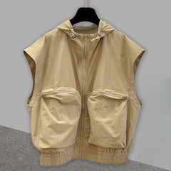 Threebooy Oversized American Vintage Hooded Vest Men Sleeveless hooded Hoodie Spring Summer Silhouette Design Denim Shoulder Pads Tank Top