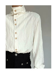 Threebooy Wrinkle Texture Sensation Shirts For Men Stand Collar Long Sleeve Loose Top Spring Autumn Vintage French Fashion Casual Shirt