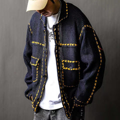 Threebooy American Jacquard Vintage Knitted Jacket For Men Autumn Winter Turndown Collar Sweater Cardigan Fashion Streetwear Kint Tops