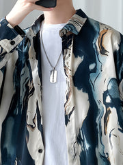 Threebooy Stylish Men's Hong Kong-Style Button-Up Shirt | All-Season Comfort | Casual & Trendy with Abstract Print | Perfect for Daily Wear, Vacations & Outdoor Activities | Ideal Gift
