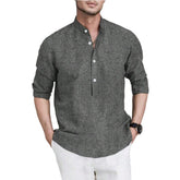 Threebooy Retro Men Cotton Linen Shirt Grey Long Sleeved Stand Collar Pullover Tops Spring Autumn Fashion Casual Loose Oversized Shirts