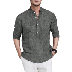 Threebooy Retro Men Cotton Linen Shirt Grey Long Sleeved Stand Collar Pullover Tops Spring Autumn Fashion Casual Loose Oversized Shirts