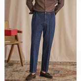 Threebooy Vintage Cotton Men Jeans Suit Pants Elastic High Waisted Straight Trousers British Business Style Casual Naples Denim Pant