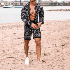Threebooy Summer Newest Men 2 Piece Suit Clothing Long-sleeved Printed Shirts Top With Casual Shorts Fashion Male Beach Wear Loose Outfit