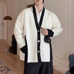 Threebooy Mens Sweater Black And White Contrast Side Slit Knit Shirt Autumn Streetwear Elegant Couple Versatile Tops Clothing Unisex 2024