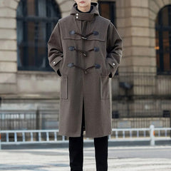 Threebooy Mens Windbreaker Horn Button Casual Cape Coat Autumn Streetwear Fashion All-Match Commuting Long Hooded Jacket Men'S Clothing