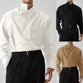 Threebooy Irregular Design Buckle Lapel shirt For Men Vintage French Style Long Sleeve Loose Top Spring Autumn Fashion Show Chic Shirts