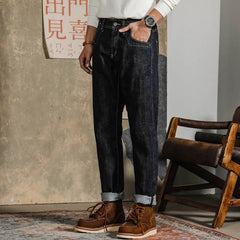 Threebooy American Vintage Heavy weight Denim pants Men Spring Autumn Dark Straight Jeans Amekaji Trousers Back Paris Buckle Cargo Pants