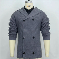 Threebooy Autumn Winter Men Double Breasted knitted Hoodie Jacket Vintage Grey Hooded Sweater Oversized Knit Cardigan Casual Knitwear