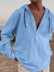 Threebooy Vintage Cotton Linen Hooded Shirt For Men Long Sleeve V Neck Hoodies Tops Fall Casual Loose Shirts Seaside Beach Blouse Clothing