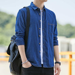 Threebooy Fashion Korean Style Denim Shirt For Men 100% Cotton Long Sleeve Slim Fit Tops Spring Autumn Casual Denim shirts Plus Size 4XL