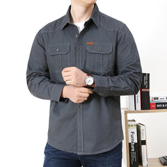 Threebooy Vintage Men's 100% Cotton Shirt Safari Style Multi-pocket Lapel Top Spring Autumn Long Sleeve Youth Loose Shirts Plus Size M-6XL