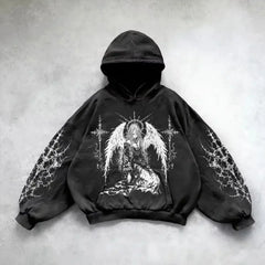 Threebooy 2000s Street Fashion Joker Pattern Print Washed Cotton Pullover Hoodie Men Harajuku Hip Hop Retro Loose Sweatshirt Couple Tops