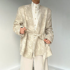 Threebooy Mens Suit Jacket Jacquard Belt Elegant Apricot Suit Genderless Chinese Style Retro Palace Campus Casual Long-Sleeve Top Unisex