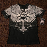 Threebooy 2000s Affliction Style Streetwear Tee Gothic Skull Cross Print Trendy Graphic T-shirts
