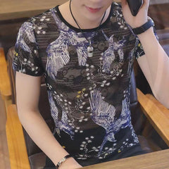 Threebooy Summer New Men Ice Silk Pattern Print Tshirts Short sleeve Ultra-thin Tee Tops Fashion Sexy Hollow Out Elastic Slim Fit T-shirts