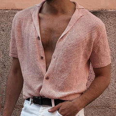 Threebooy 2025 summer Men's Knitted Shirt Cool Silk Fabric Short Sleeve Buttons Thin Loose Shirts For Men Vintage Mens Clothing Tops