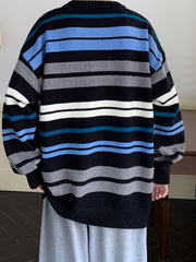 Threebooy Men's Colorful Striped Knit Sweater - Soft, Comfortable Polyester Blend, Casual Round Neck Pullover for Fall/Winter