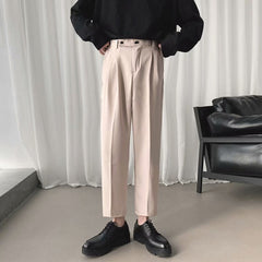 Threebooy Korean Men Casual Suit Pants Dropping Feel Loose Straight Ankle-Length Pants Spring Summer Youth Fashion cropped Trousers
