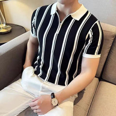 Threebooy British Style Luxury Knit Polo Shirt Men Striped Short /Long Sleeve Half Zipper Top Business Casual High Quality Tee Streetwear