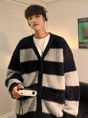 Threebooy Men'S Striped V-Neck Cardigan Sweater, Casual Loose Fit, Warm Knitted Outerwear, Polyester, Button Detail, for Adults, Autumn/Winter Season