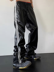 Threebooy Men's PU Leather Pants, 45% Polyurethane 55% Polyester, All-Season Street Style Straight Leg with Side Stripe Design, Loose Fit Woven Trousers, Allseason Pants | Modern Loose Pants | Drawstring Waistband