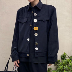 Threebooy Mens Autumn Irregular Button Black Shirt New Essential Versatile Youth Trend Retro Casual Solid Color Simple Jacket Couple